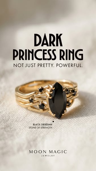 This ad showcases the brand's "Dark Princess Ring", a jewelry piece featuring a black obsidian stone. The 