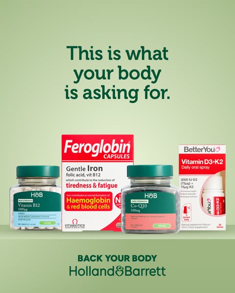 The ad features an array of Holland & Barrett supplements with the headline "This is what your body is asking f