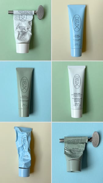 This ad showcases the brand Dieux and their different skincare products. The ad image is split into six blocks, each dis