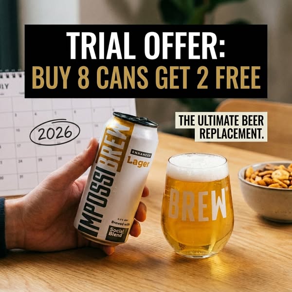 This image ad for Impossibrew promotes their beer replacement drink, offering a trial deal where customers can buy eight