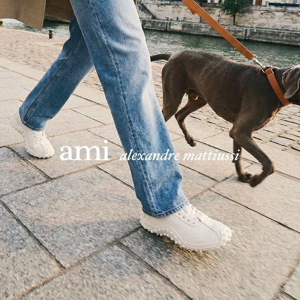 This image ad for AMI Alexandre Mattiussi features a person walking a dog along a stone walkway, showcasing the brand