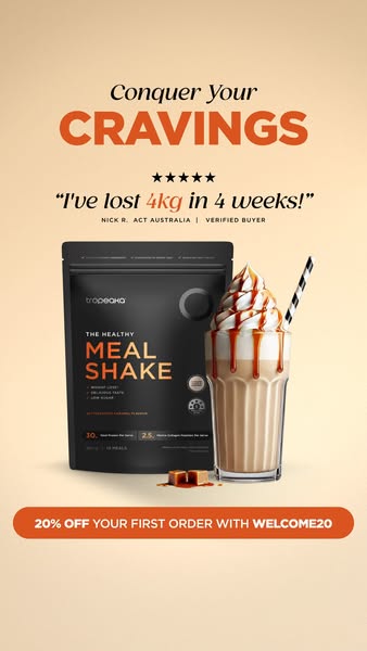 An image ad for the Tropeaka Healthy Meal Shake. The ad features a customer testimonial and a discount offer.