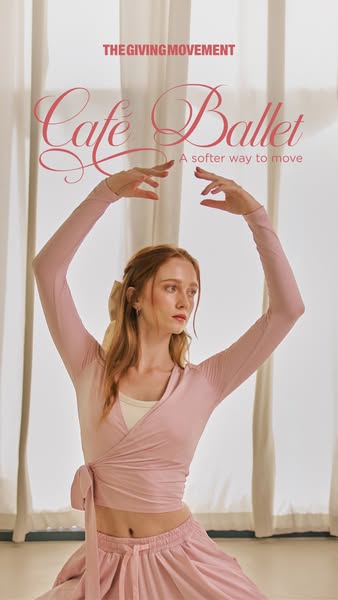 A vertical image ad that shows a slender, fair-skinned woman wearing a pink wrap top and skirt set. The ad is promoting 