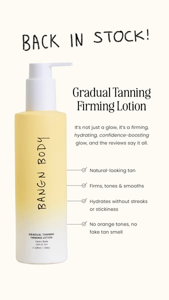 This ad showcases Bangn Body's Gradual Tanning Firming Lotion, highlighting its key benefits such as natural-looking