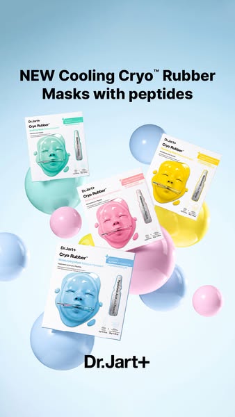 This image ad promotes Dr.Jart+'s NEW Cooling Cryo™ Rubber Masks with peptides. The ad features the product packagin