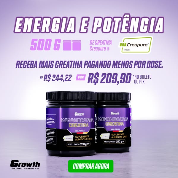 Ad for Growth Supplements' monohydrated creatine. The ad features two tubs of creatine, emphasizes the product's