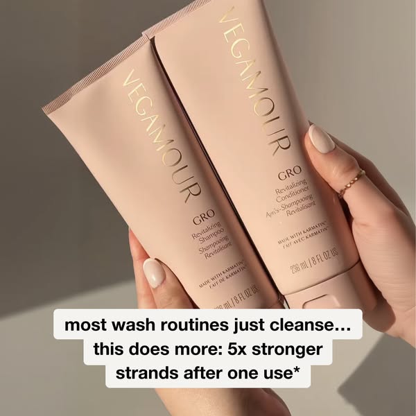 This image ad showcases Vegamour hair products, specifically shampoo and conditioner, promising stronger strands after j