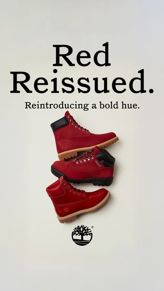 This ad features three different styles of Timberland boots in all red color schemes. The ad features the text, "Re