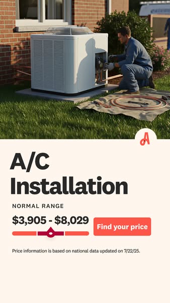 Ad for A/C installation with price range shown, and a call to action to find your price.