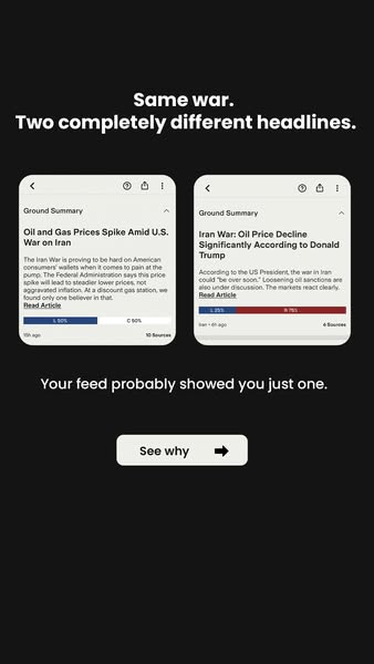 This ad utilizes two screenshots of headlines about the same war to highlight biased reporting based on the source. The 