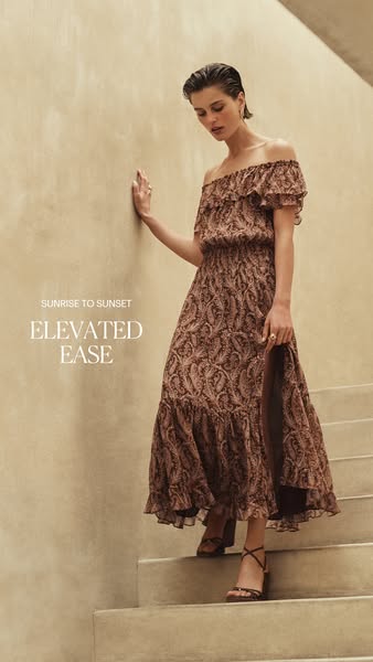This ad showcases a dress by presenting a model wearing the dress.