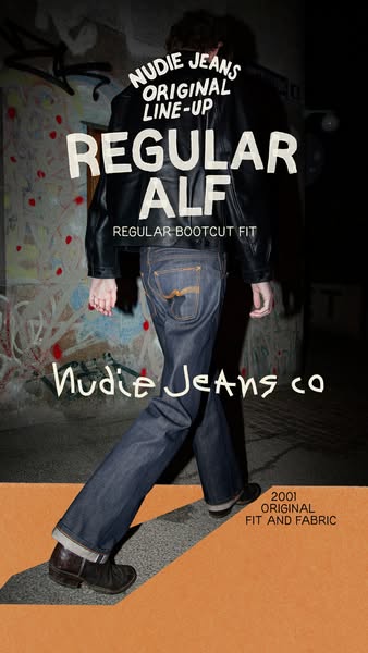 This image ad showcases Nudie Jeans' Regular Alf style, emphasizing its original fit and fabric from 2001. The visua