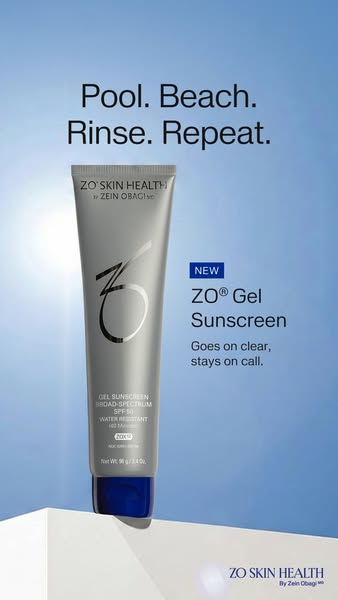 This ad promotes ZO Gel Sunscreen. The ad is a simple product shot set against a backdrop that imitates a clear sky. The