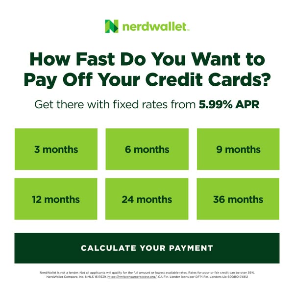 The ad from NerdWallet offers credit card holders a chance to pay off credit card debt. The ad shows a variety of repaym