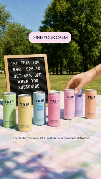 This is an image ad from TRIP showing multiple cans of their CBD-infused drinks on a blanket in the grass. The ad calls