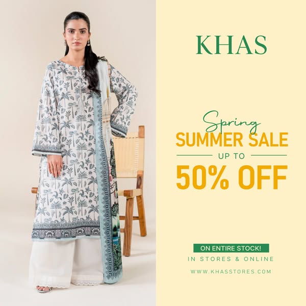 This image ad showcases a full-length shot of a model wearing a white printed outfit from Khas and promotes a Spring Sum