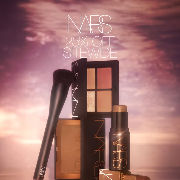 This image ad for NARS cosmetics features a selection of makeup products against a dreamy sky background, highlighting a