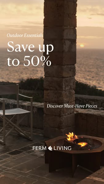 This image ad for Ferm Living showcases outdoor furniture with a discount offer of up to 50%. The ad is designed to crea
