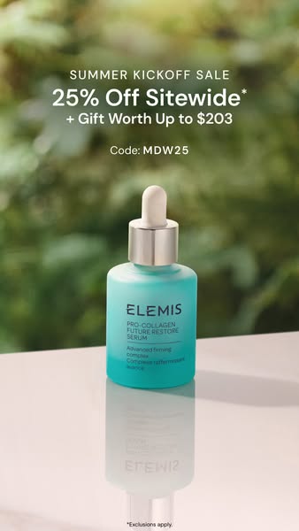 This ad promotes Elemis Pro-Collagen Future Restore Serum and announces a site-wide summer kickoff sale.