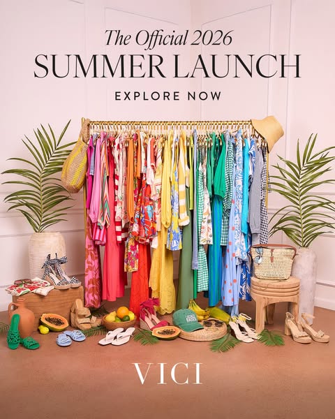 This ad is for the VICI clothing brand summer 2026 collection. The ad showcases different clothing items and accessories