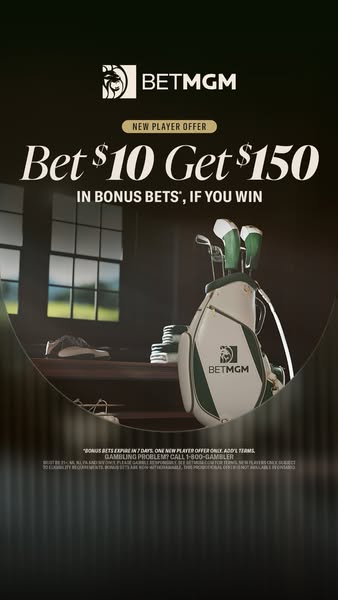This image ad promotes BetMGM, offering a new player offer where they can bet $10 and get $150 in bonus bets if they win
