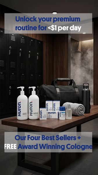 This image ad promotes Huron's line of men's grooming products, highlighting their four best-selling items and o