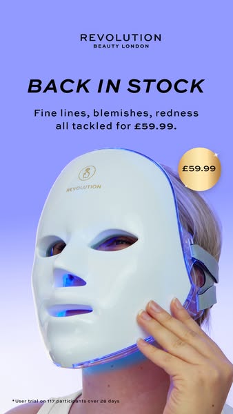 This image ad by Revolution Beauty London promotes their LED light therapy mask, which is back in stock and tackles fine