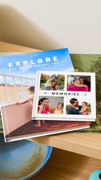 This ad features several photo albums stacked on a shelf. The books are designed to preserve memories.