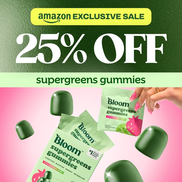 This image ad promotes Bloom Nutrition Supergreens Gummies as an Amazon exclusive sale with a 25% discount. The gummies 