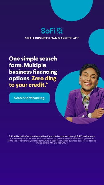The ad highlights SoFi's small business loan marketplace with a focus on a simple search form, multiple business fin