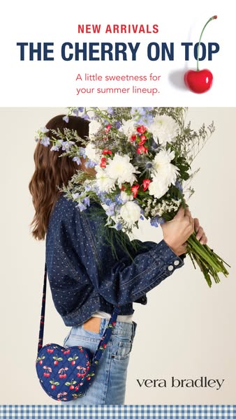 This ad showcases Vera Bradley's heart-shaped crossbody bag with a cherry print. The ad uses the tagline "The C