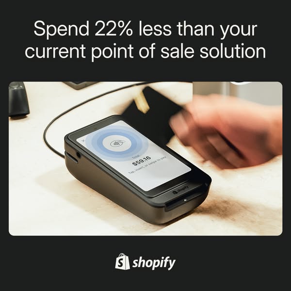 An ad for Shopify's point of sale system. The ad leads with a cost saving benefit and shows a customer making a purc