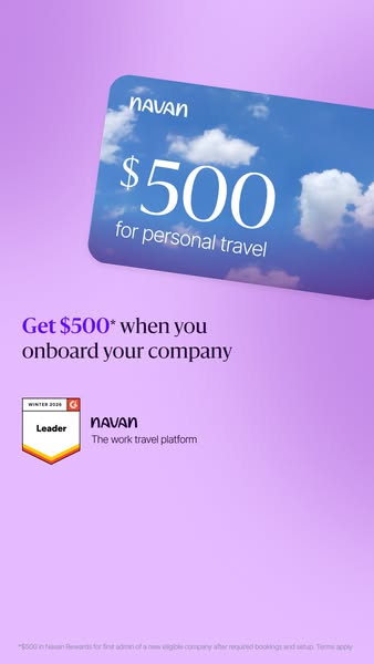 This ad for NAVAN promotes their work travel platform and offers a $500 reward for new companies that onboard with NAVAN