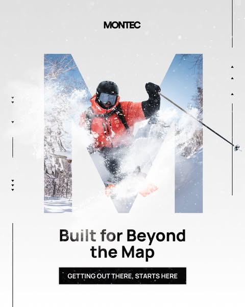 This ad for Montec features a skier in action, set against a snowy mountain backdrop, framed within a large letter '