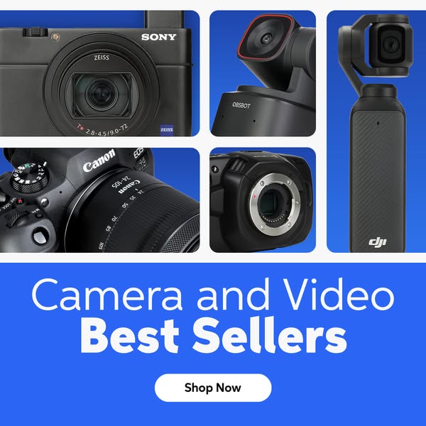 This ad is promoting cameras and video equipment with a collage of different camera models and a call to action to '