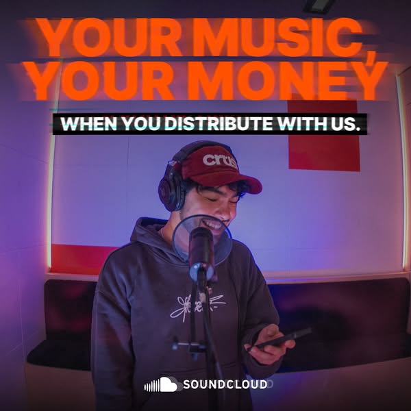 The ad is promoting music distribution via SoundCloud. It features a musician in a recording setting. The ad highlights 