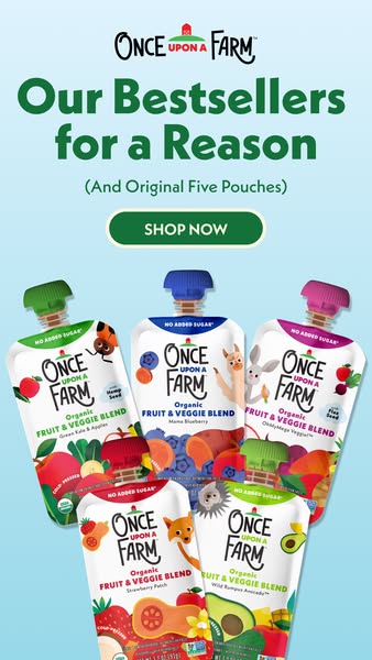 This ad features Once Upon a Farm's bestselling organic fruit and veggie blends. The ad highlights the variety of fl