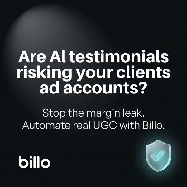 This ad highlights the risk associated with using AI testimonials and presents Billo as a solution to automate real UGC,