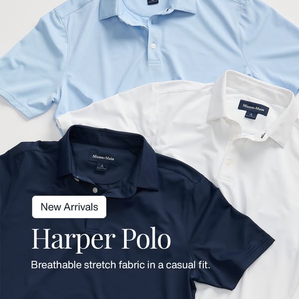 A static image ad featuring three polo shirts in different colors from Mizzen+Main. The ad highlights the 'Harper Po