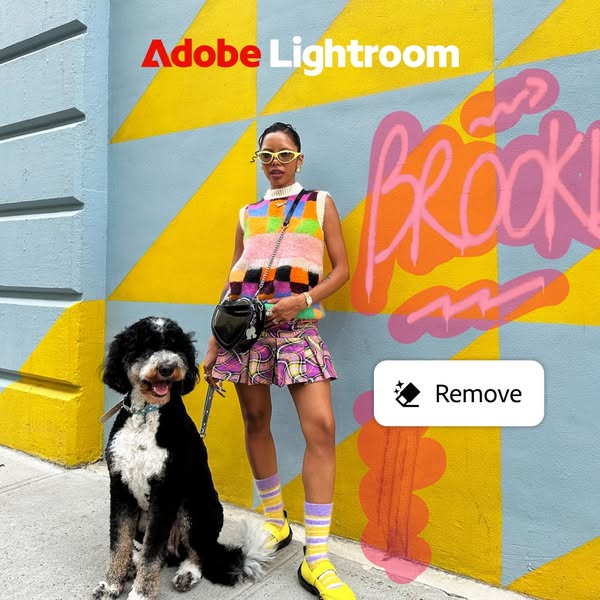 This ad for Adobe Lightroom showcases the remove feature. The ad features a woman standing in front of a colorful wall w