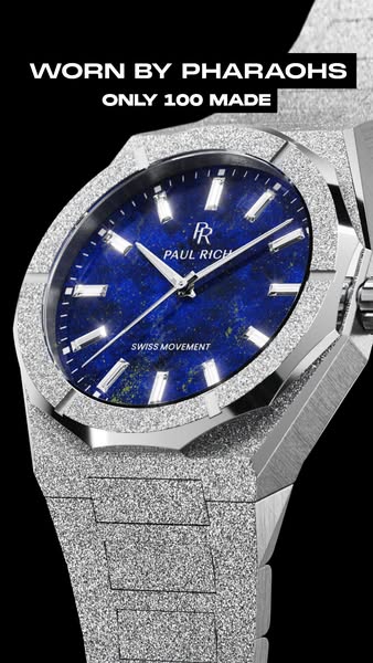 This image ad features the Paul Rich Frosted Lapis Lazuli watch. It showcases the watch's silver exterior and blue l