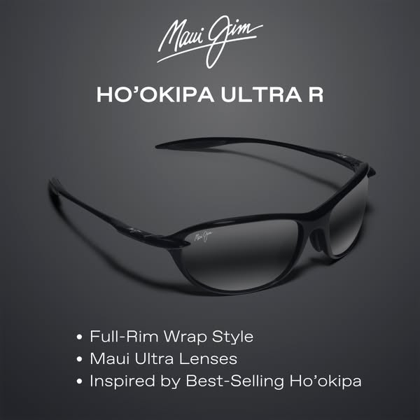 This image ad showcases the Maui Jim HO'OKIPA ULTRA R sunglasses, highlighting its full-rim wrap style and Maui Ultr