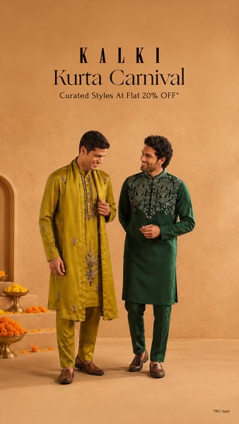 This image ad by Kalki Fashion showcases two men wearing traditional Indian kurta outfits. The ad highlights a special &