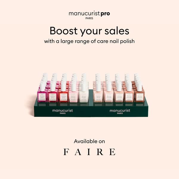 An image ad showcasing Manucurist Pro nail polish in a range of colors, highlighting availability on FAIRE and encouragi