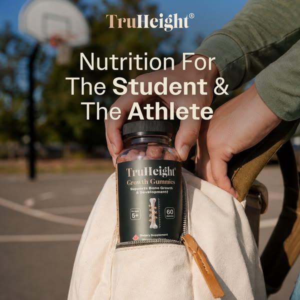 This TruHeight image ad shows a container of growth gummies being placed in a canvas backpack in front of a blurred bask