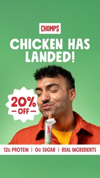 This ad from Chomps features a man enjoying a Chomps chicken meat stick. The ad highlights that their meat sticks have 1