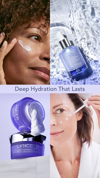 This is a four-quadrant image ad. It features women applying Lancer skincare products and also calls out the Ultra Hydra