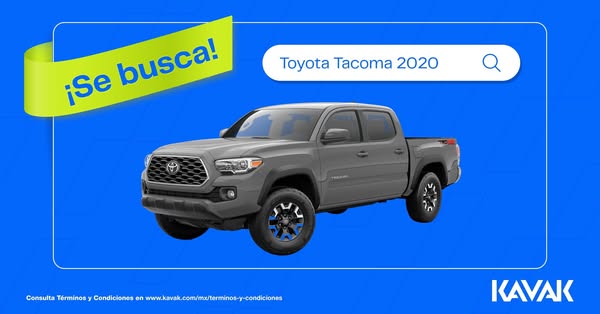 This ad features a gray Toyota Tacoma 2020 floating in the center of a blue background. A search bar above the car is po