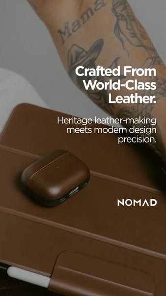 This ad showcases a brown leather case for Airpod Pros on top of a brown leather iPad case. The ad claims the products a