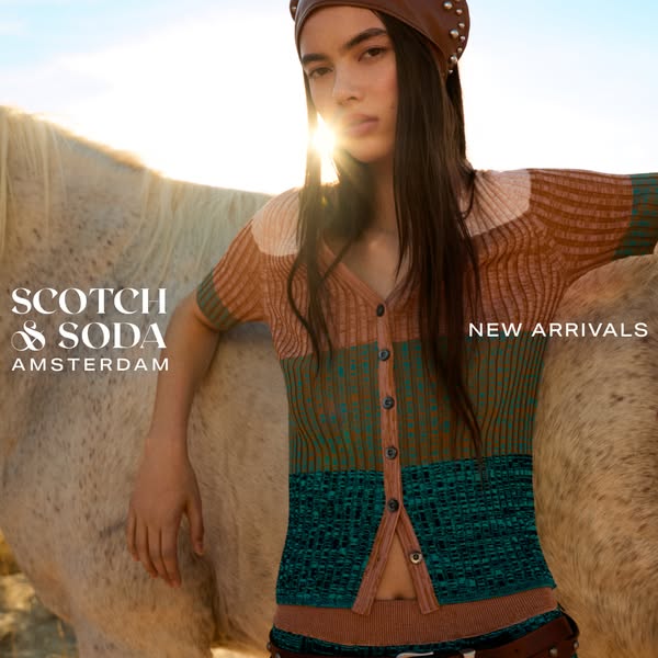 This ad showcases Scotch & Soda's new arrivals by highlighting a model wearing a vertically-striped, button-down